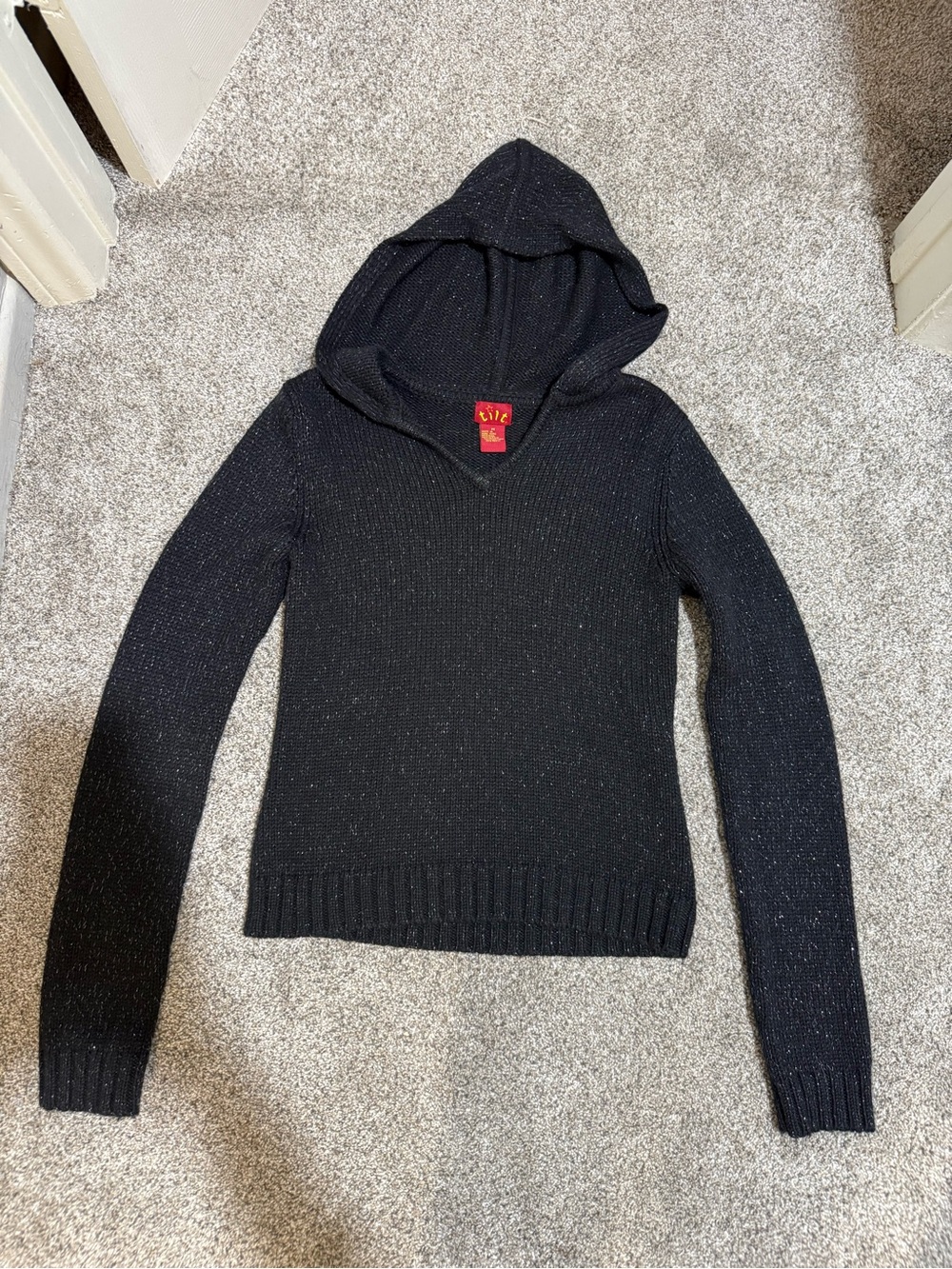 TILT Black V-Neck Hooded Sweater with Subtle Metallic Thread